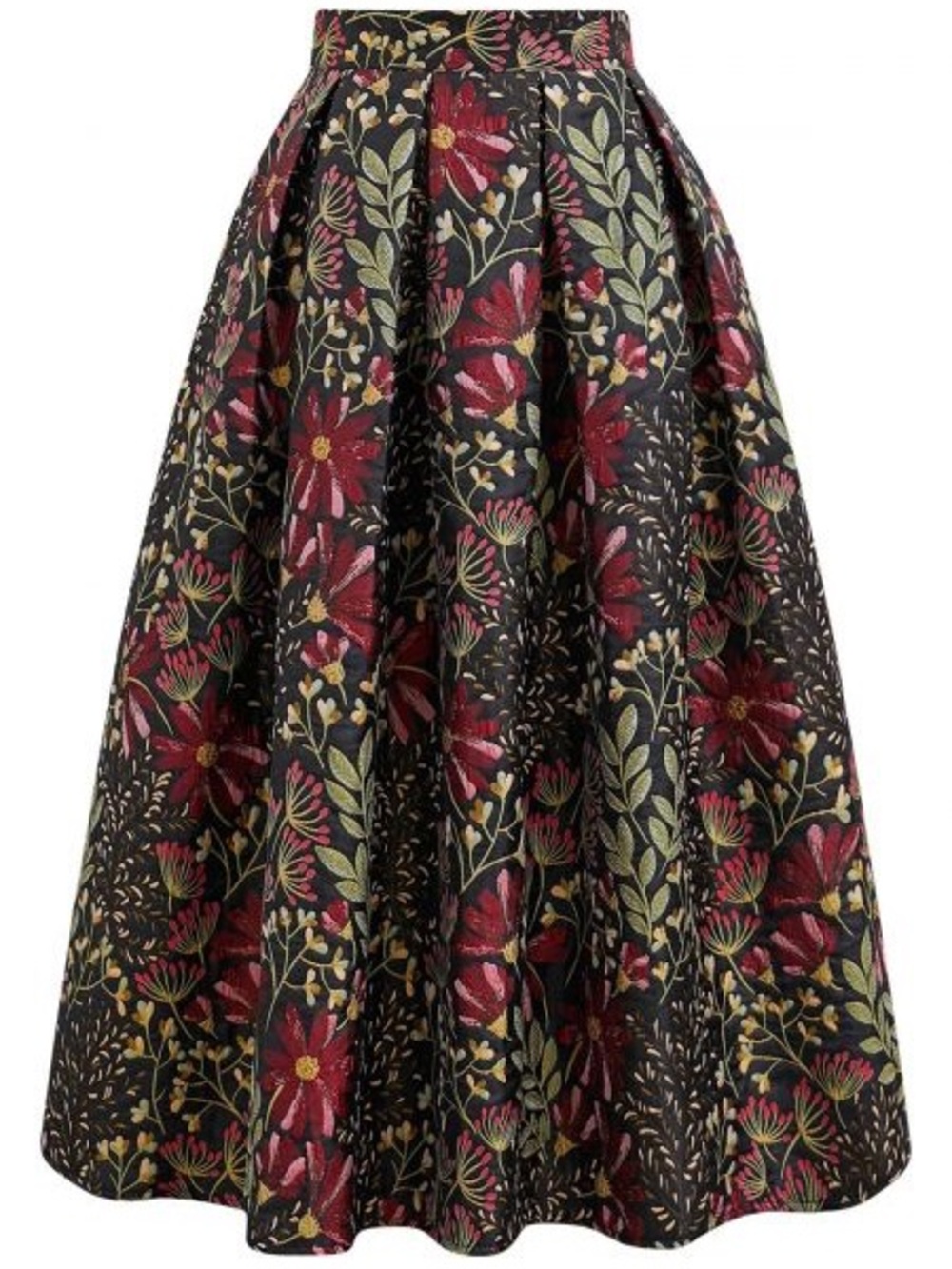 Chicwish A-Line Midi Skirt with Burgundy Floral Jacquard